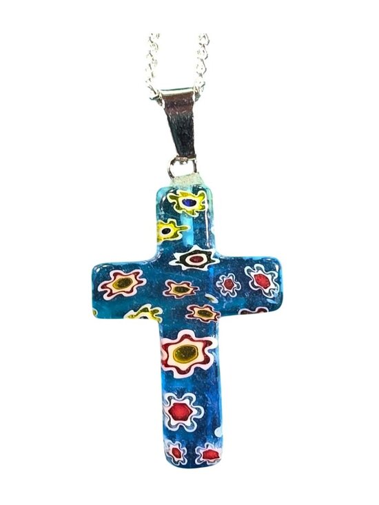None Jewelry - Cross Pendant Necklace Silver tone Chain Floral faith blue religious jewelry
